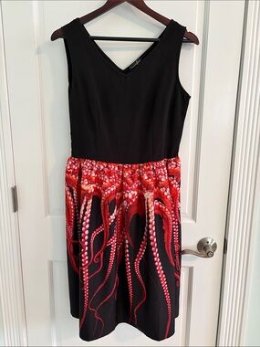 Sleeveless Black Midi Dress with Red Octopus-Print Skirt